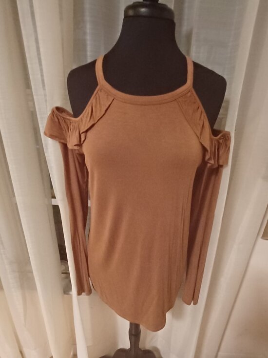 Hippie Chic Tops - Hippie Chic Pumpkin Spice Cold Shoulder Ruffled High Neck Long Sleeve XL top